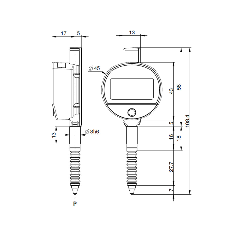 Digitalt måleur S_DIAL MINI BASIC 12,5 × 0,001 mm IP67 med gummibælg uden Bluetooth