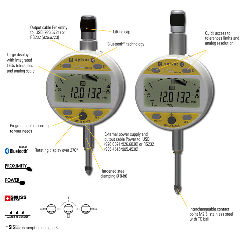 Digitalt måleur S_Dial WORK ANALOG NANO 12,5 × 0,0001 mm IP54 Bluetooth
