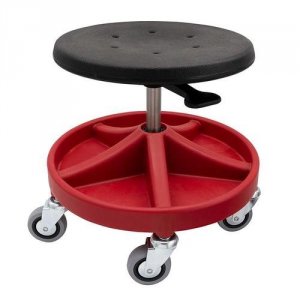 Rød montørstol/taburet med sæde i pu-skum, fodkryds med 5 rum, 5xø75 hjul og højde 310-390 mm Diesella